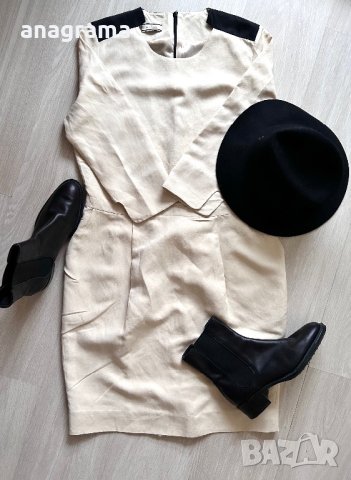 Malene Birger стилна и елегантна ленена рокля, черни боти естествена кожа Tod’s & черна вълнена шапк, снимка 2 - Рокли - 43887242