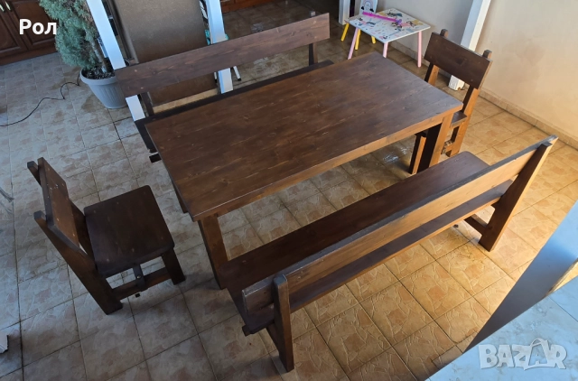 К-т дървена маса две пейки и два стола от БУК, снимка 3 - Градински мебели, декорация  - 51789258