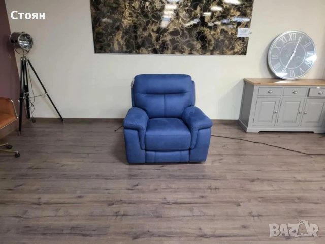 Син фотьойл от плат с електрически релаксиращ механизъм, снимка 10 - Дивани и мека мебел - 51955891