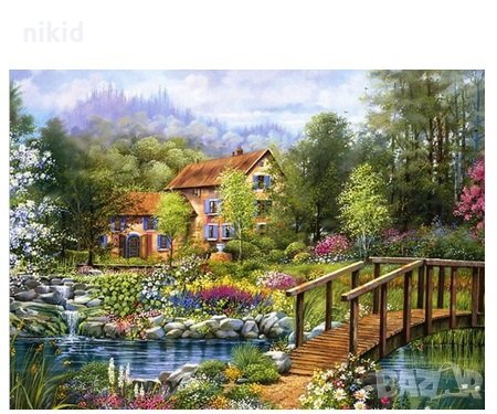 Къщи до мост 5D гоблен диамантен гоблен картина мозайка за направа по схема с камъчета