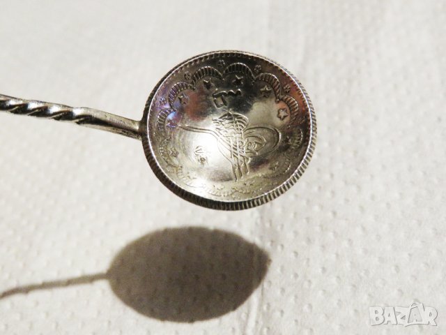 Старинна сребърна лъжица с турска монета,османска монета,тугра, тура и с полумесецът и звездата, снимка 1 - Антикварни и старинни предмети - 35428977