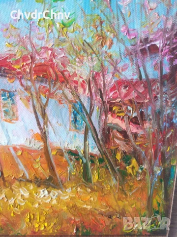 Димитър Генев 33x27см/малка българска картина масло върху платно/стара селска къща, снимка 5 - Картини - 51153027