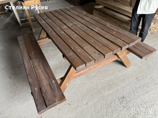 0511  ДЪБ дървени маси с пейки 160 и 190 см -цена 260лв или 132,94 евро   -материал от ДЪБ , 15-20 г, снимка 4 - Маси - 52302872