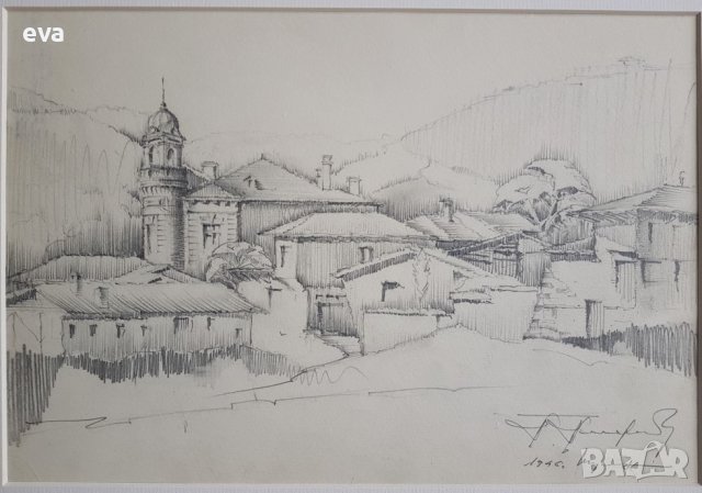 Майсторска рисунка Тома Петров(1908-1972) Църквата в Шумен 1946година  , снимка 3 - Картини - 40069359