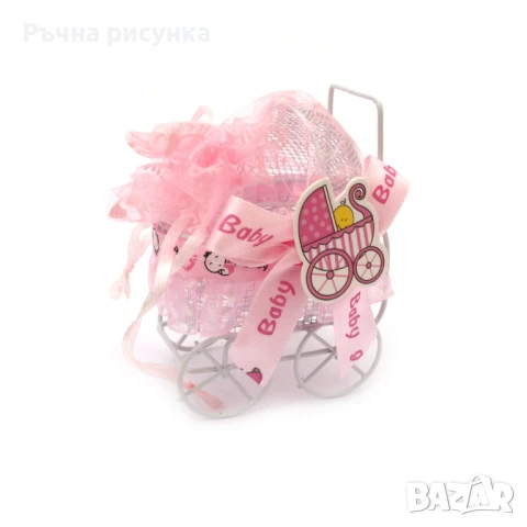 Подаръчета за гости-Детска количка метална с декорация 90x70x50 мм цвят розов/син, снимка 1