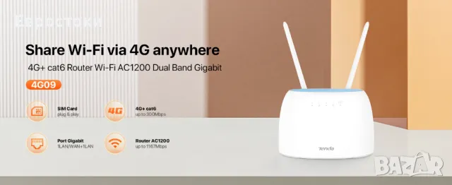Tenda 4G09 рутер AC1200 4G+Cat6 мобилен Wi-Fi рутер двулентов, 4G/3G мрежов SIM слот отключен, снимка 5 - Рутери - 48592374