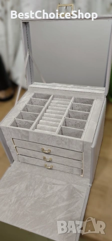 Голяма кутия за бижута от PU кожа с огледало – 4 нива, кадифена подплата, снимка 4 - Бижутерийни комплекти - 53068087