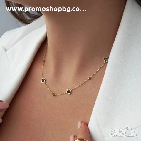 Комплект колие + обеци с черна детелина, стомана с 14-карата златно покритие, различни видове, снимка 8 - Бижутерийни комплекти - 36782323