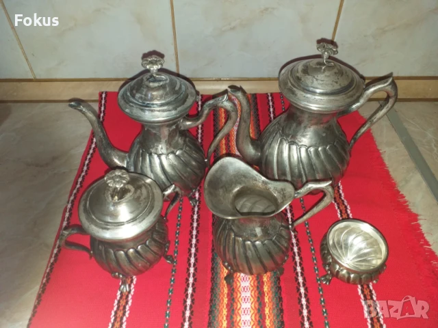 Страхотен стар посребрен сервиз - Alpaca - 5 части, снимка 5 - Антикварни и старинни предмети - 50839867