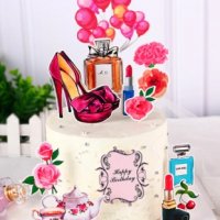 Парфюм червило цветя сервиз балони обувка Happy Birthday топери картон декор украса торта рожден ден, снимка 1 - Други - 32831327