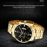 2023 Fashion Men Gold Stainless Steel Watch Luxury Calendar,Нов, снимка 2 - Мъжки - 40643382