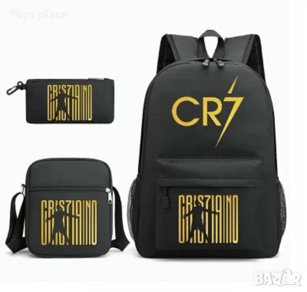 3 части Раница за училище с Роналдо + чанта за храна и несесер Футболна раница CR-7, снимка 1