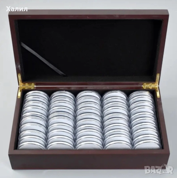 Дървена кутия за 50 монети + капсули + уплътнители за съхранение, снимка 1