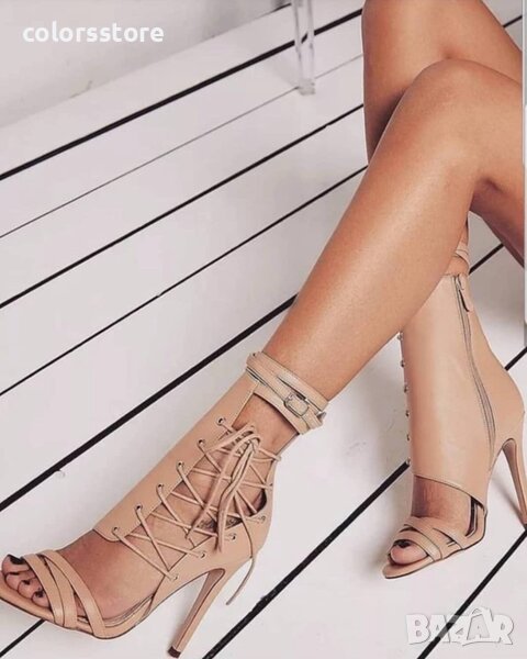 Летни боти на ток - бежова кожа - FM21, снимка 1