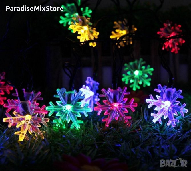 Многоцветни коледни LED лампички със снежинки с щепсел - Многоцветни, дължина - 5м ,28бр лампички, снимка 1