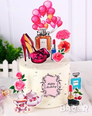 Парфюм червило цветя сервиз балони обувка Happy Birthday топери картон декор украса торта рожден ден, снимка 1