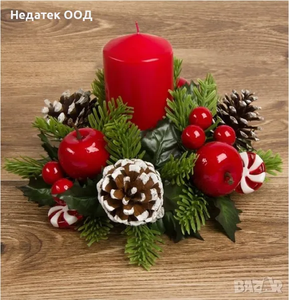 Коледен, декоративен, свещник, Ябълки, червен, 25см, снимка 1