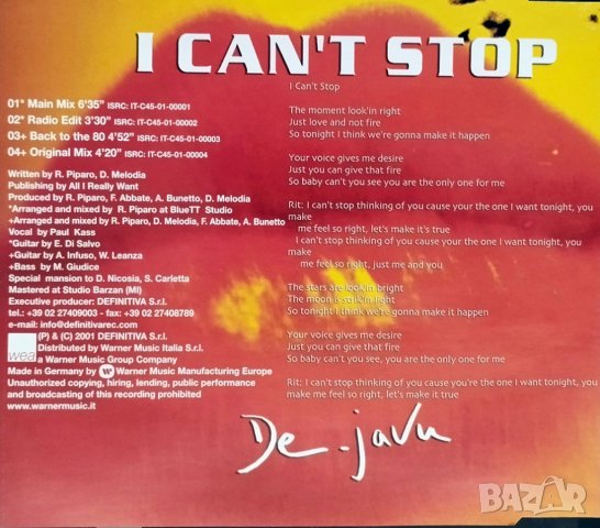 DE-JAVU - I Can't Stop - Maxi Single CD - оригинален диск, снимка 2 - CD дискове - 43642095