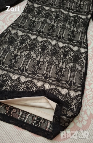 КРАСИВА черна дантелена рокля с бежова подплата по тялото, снимка 3 - Рокли - 52585800