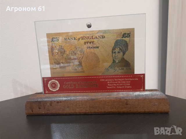 Банкноти Паунди златни в стъклена поставка и масивно дърво, снимка 8 - Други ценни предмети - 38708202