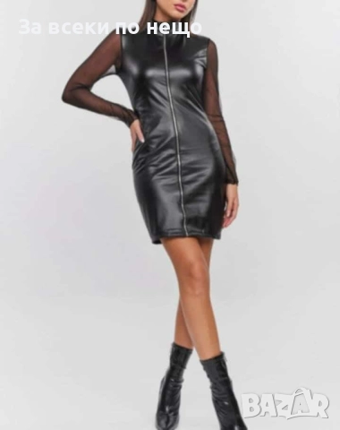 Дамска Черна Кожена Рокля Код I_151