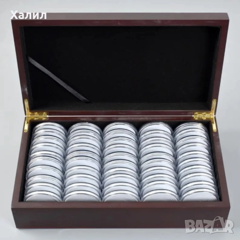 Дървена кутия за 50 монети + капсули + уплътнители за съхранение