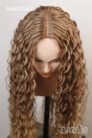 Омбре къдрици 80 см - кафява перука с реалистичен път 13x4x1, снимка 6 - Аксесоари за коса - 52662325