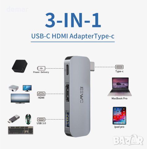 USB C към HDMI многопортов адаптер за MacBook Air Pro, снимка 4 - Кабели и адаптери - 43131548