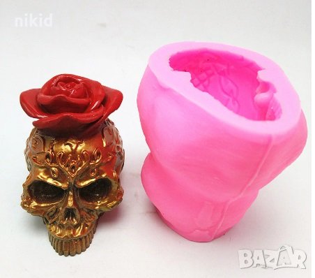 3D Череп с роза кух силиконов молд форма калъп за фондан гипс сапун шоколад смола свещи украса