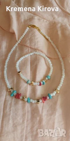 Чокър и гривна с тюркоаз, червен корал и хематит. Бижута Луди гъби. Ръчна изработка.