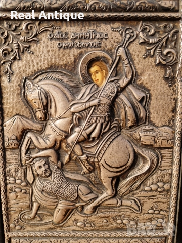 Прекрасна антикварна сребърна икона Свети Димитър със сертификат , снимка 4 - Антикварни и старинни предмети - 52653342