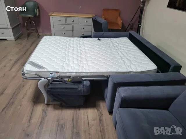 Сив комплект от плат диван тройка с функция сън, фотьойл и табуретка, снимка 6 - Дивани и мека мебел - 50886943
