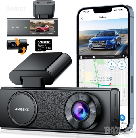 4K видеорегистратор за автомобили отпред и отзад, WiFi, GPS, 64GB SD