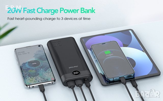 Charmast Power Bank 30000mAh, 20W захранване QC 3.0 USB C външна Батерия Бързо зареждане зарядно, снимка 4 - Външни батерии - 43342044
