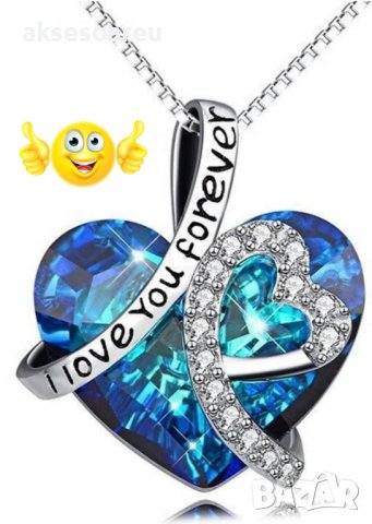 Колие медальон модно стилно украшение Обичам те завинаги океанско кристално сърце верижка за момичет, снимка 3 - Колиета, медальони, синджири - 38380870