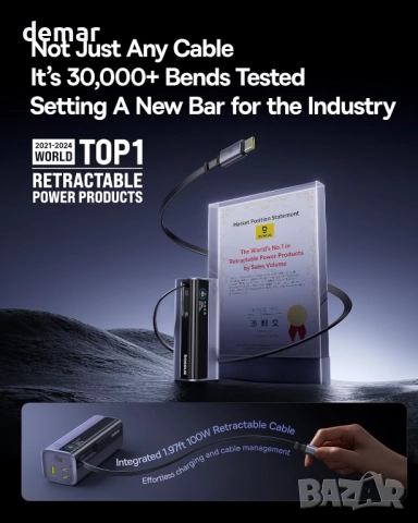 Външна батерия Baseus 20000 mAh, 145 W с вграден прибиращ се кабел, снимка 4 - Външни батерии - 51702618