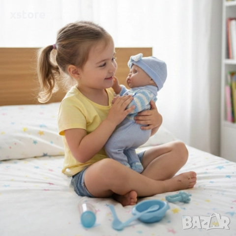 Кукла бебе с пълен комплект – Шише, пижама, легълце и аксесоари - 42 см - НА БЪЛГАРСКИ, снимка 5 - Кукли - 52566784