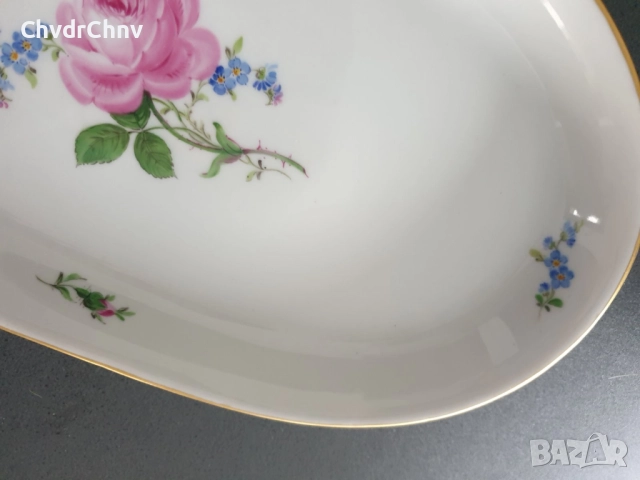 Meissen вази 14-17см/чиния 29см/стара Майсен порцеланова ваза-плато/бяла-цветя-злато, снимка 15 - Вази - 52463835
