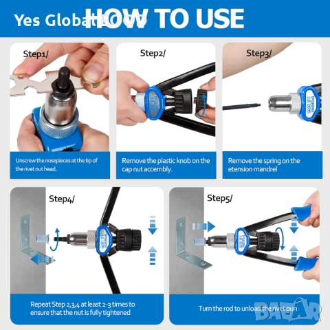 CCLIFE нит гайковерт с 150бр M5–M12 нит гайки комплект за занитване, снимка 9 - Други инструменти - 52320668