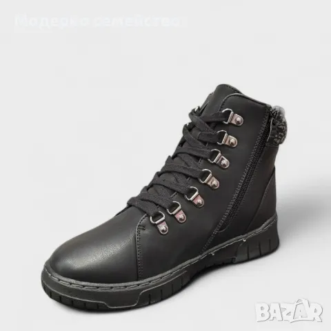 Дамски боти в черен цвят с топла вата цип и връзки модел: 6059-1 black, снимка 2 - Дамски боти - 47511275