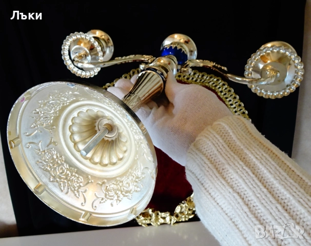 Посребрен троен свещник,рози,кобалт,рококо. , снимка 7 - Антикварни и старинни предмети - 52817267