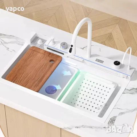 Модерна бяла мултифункционална кухненска мивка с двоен водопад
