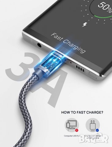 JSAUX USB A 3.0 към USB-C кабел за бързо зареждане, найлонова оплетка, 100 см, снимка 3 - USB кабели - 40126410
