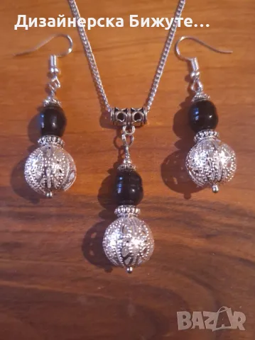 Разкошен комплект бижута обеци и колие с черни естествени перли и сребристи орнаменти