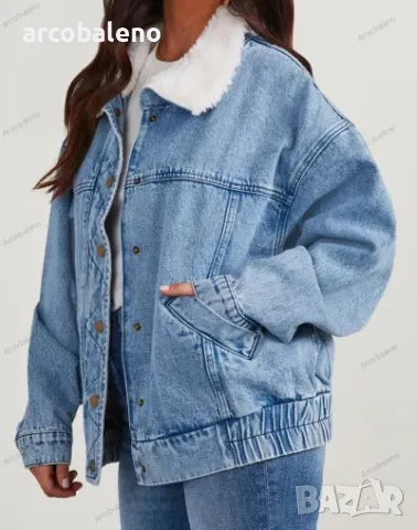 Дамско есенно и зимно дънково свободно яке с голям ревер и двоен джоб. Ватирано яке, снимка 4 - Якета - 47629288