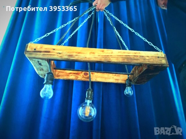 Дървен полилей с три крушки, снимка 5 - Лампи за таван - 43852673