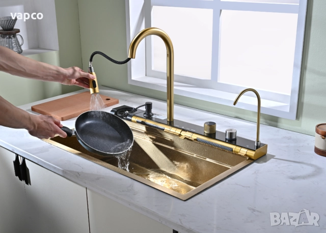 Златна мултифункционална кухненска мивка с регулируем двоен водопад, снимка 6 - Мивки - 51491360