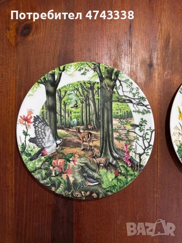 Стари английски колекционерски чинии в горска приказна тематика 