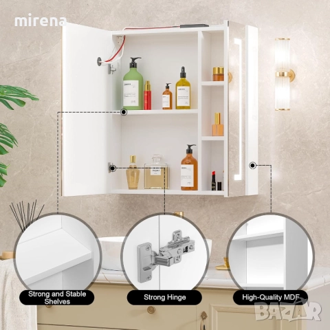 ЛЕД LED шкаф за баня, с огледало, с осветление, 60 * 65 17, снимка 7 - Шкафове - 51659205