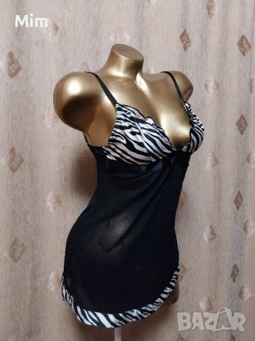 S Черна ефирна нощничка със сатенен принт, снимка 4 - Нощници - 50843857